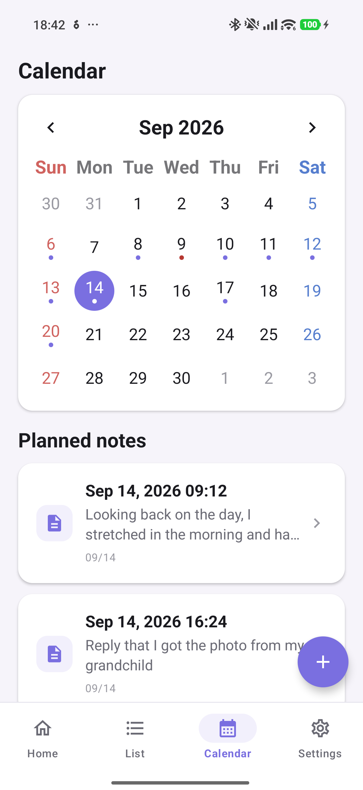 Calendar with planned notes
