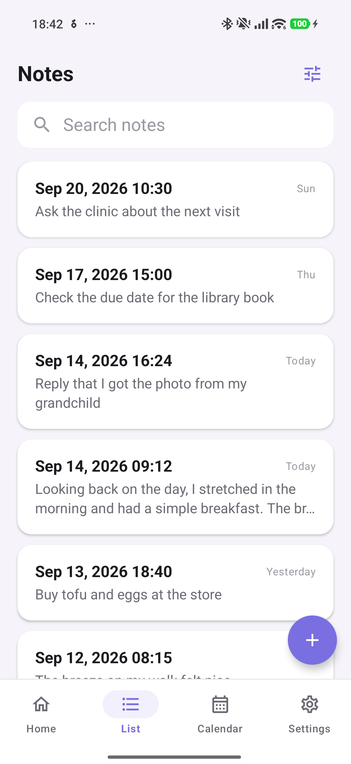 Notes list